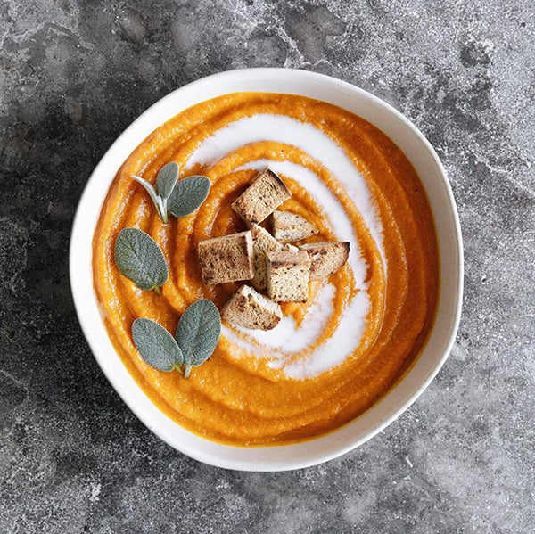 Creamy Roasted Garlic Sage Butternut Squash Soup with AWG Gluten Free Croutons